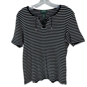Ralph Lauren Black White Stripe Lace Up Short Sleeve Jersey, Large